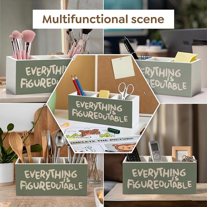Everything Is Figureoutable Inspirational Pen Pencil Utensil Holder | Green Motivational Wood Desk Organizer and Accessories, Makeup Brush Holder for Bathroom Vanity