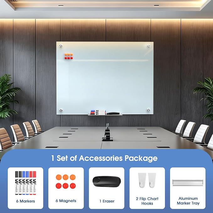 MaxGear Magnetic Glass Whiteboard 48x36 Frameless Wall Mounted | Tempered Glass, Scratch Resistant, Stain Resistant, Ghost Free, Easy Erase, Smooth Writing, High Clarity, Frameless
