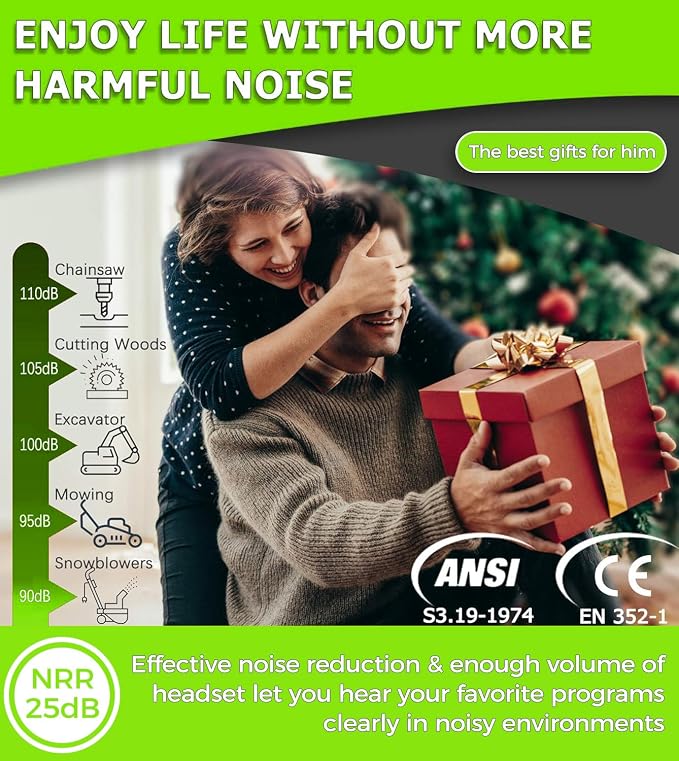 PROHEAR 037 Bluetooth 6.0 Hearing Protection Headphones with Rechargeable 1500mAh Battery, 30dB SNR Safety Noise Reduction Ear Muffs 120H Playtime for Mowing, Workshops, Snowblowing - Green