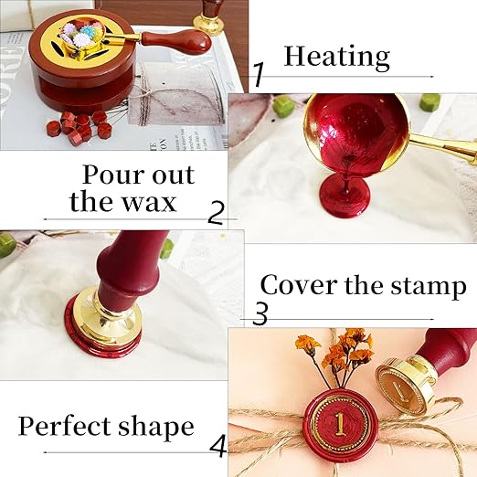 Red Brown Wax Seal Warmer Furnace Kit with Spoon & Stir Stick and Tealight Candles Set for Wedding Wax Envelope Seal Stamp (Red)