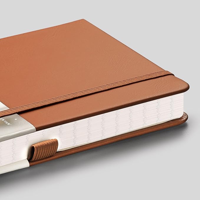 EMSHOI A5 College Ruled Notebook, 256 Numbered Pages 120GSM Ink-Proof Faux Leather Hardcover Lay-Flat Lined Journal for Work Office School Travel Writing, Small 5.75" x 8.38", Brown
