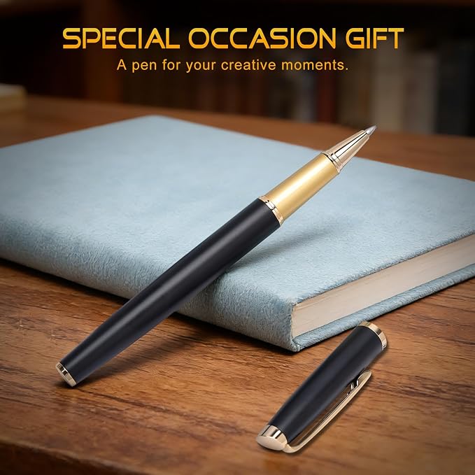 ZHKUVE Luxury Rollerball Pen, Stunning Black Lacquer with 24K Gold Trim, Switzerland Tip with Black Ink Refills, Elegant Gift Set for Men & Women, Executive Writing