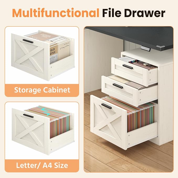 YOMILUVE 60" Farmhouse Electric Standing Desk with Drawers for Home Office | Height Adjustable Computer Desk with 4 Drawers & Storage Shelves, Wood Sit Stand Desk with Power Outlets for Work, Study