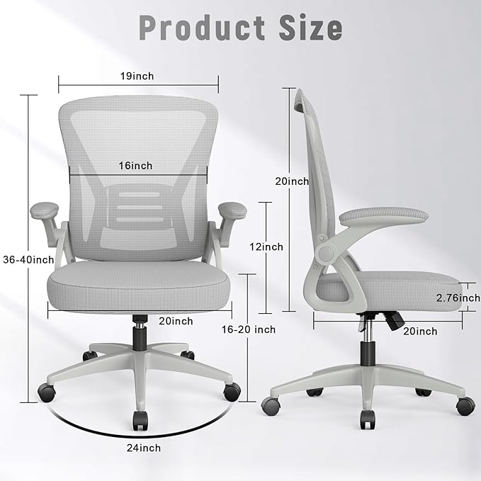 naspaluro Home Office Desk Chair Mid Back with Adjustable Height Grey | Comfy Ergonomic Chair with Flip-Up Arm and Lumbar Support, Breathable Mesh Swivel Computer Chair for Study Working Teacher