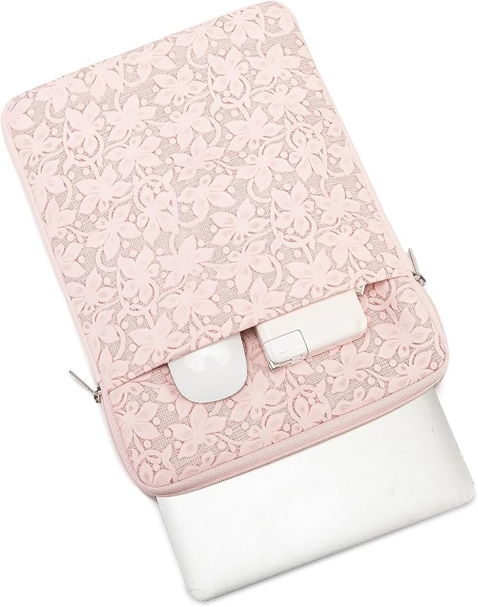 Kinmac 360° Protective Vertical Laptop Sleeve Case Cover Bag (Pink Floweret PU, 15.6 inch-16 inch)