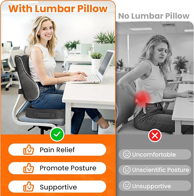 CloudBliss Lumbar Support Pillow, Memory Foam for Office Chair, Gray | Ergonomic High-Density Memory Foam, Adjustable Straps, Washable Mesh Cover, Lower Back Support for Office, Gaming & Car Seat