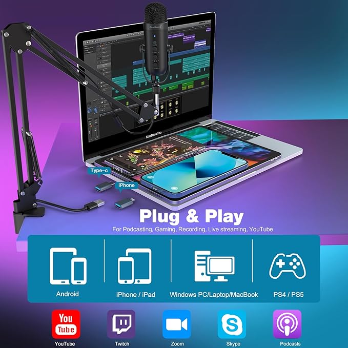 ZealSound Podcast Microphone with Boom Arm, USB Mic with Noise Reduction, Mute, Echo & Volume Control, Zero-Latency Monitoring, Compatible with PC Mac iPhone & Android, for Podcasting Gaming YouTube