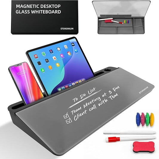 Magnetic Desktop Whiteboard with Storage, Desk Organizer Dry Erase Frosted Glass White Board with Strong Magnets and Phone Stand, Premium Desk Organizer for Home Office and School Supplies