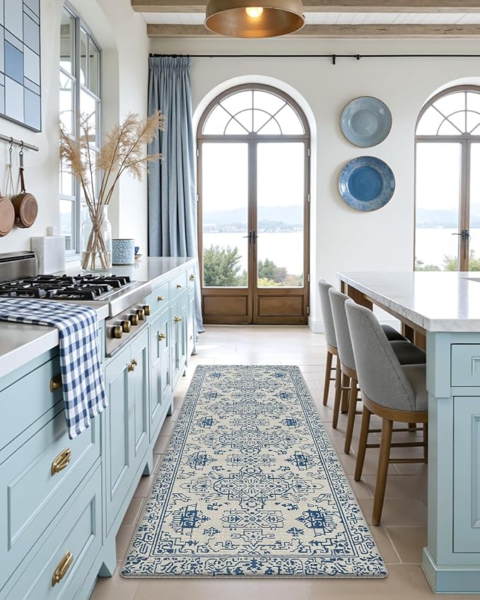 DEXI Kitchen Mats for Floor Cushioned, 23x59 Extra Large Wide Runner Rug Non Slip, Waterproof Soft Comfort Standing Padded Anti Fatigue Decorative, Blue and White