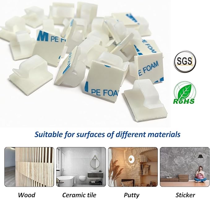 150 PCS Adhesive Cable Wire Clips Black, Outdoor Cable Management Wire Organizer Cord Holder for Under Desk, Car, Wall, TV PC Ethernet Cable (White)
