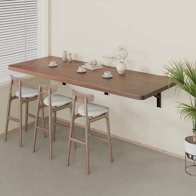 IAE Floating Wall Mounted Folding Table Desk with Pine Wood,55"x22" Folding Workbench,Fold Down wall Mounted Foldable Table with Shelf Brackets,Laundry Folding Table for Apartment,Home,Kitchen,Walnut
