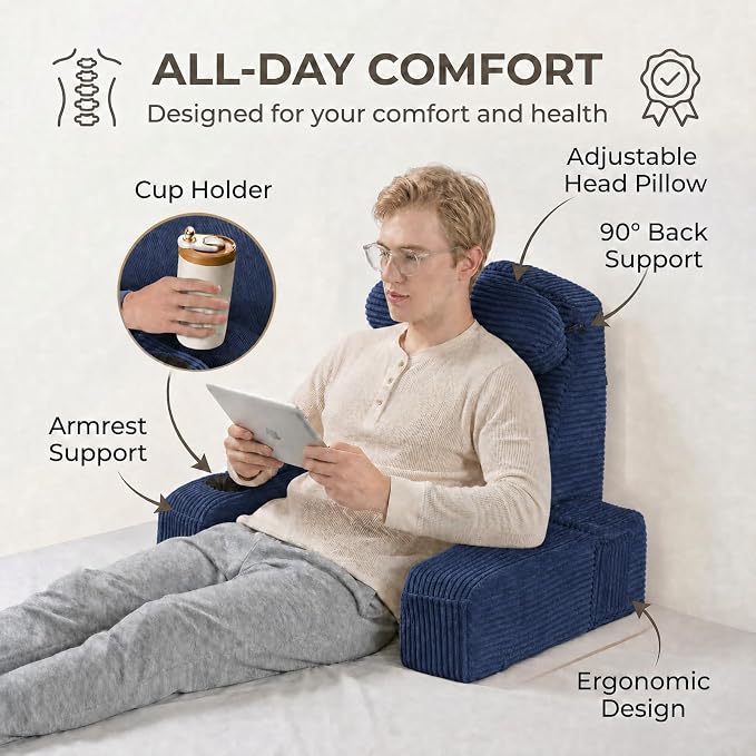 Reading Pillow for Adults, Back Pillow for Bed Sitting Up, Backrest Pillow for Sitting in Bed, Detachable Arms with Built-in Cup & Phone Caddy (Dark Navy-Corduroy, 19 INCH)