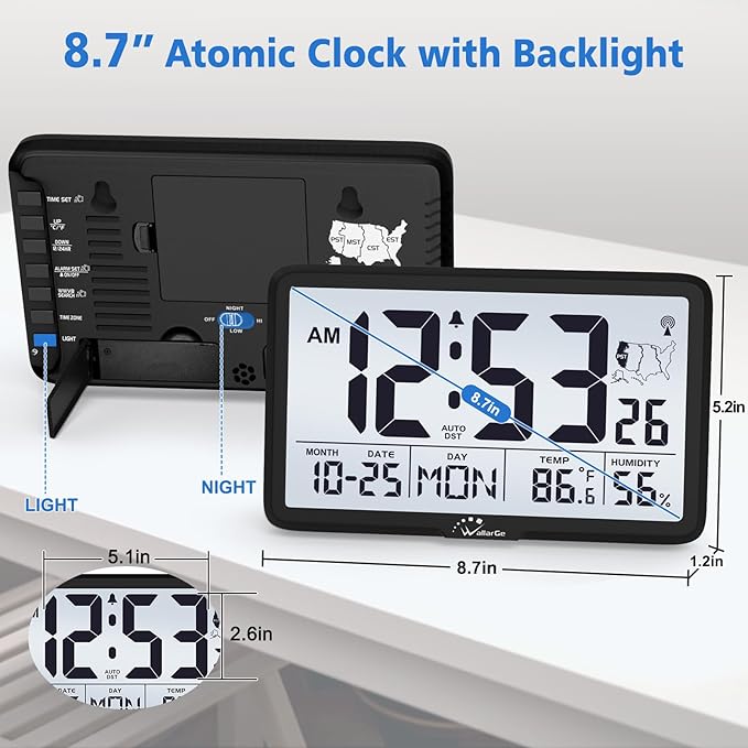 WallarGe Atomic Wall Clock with Backlight, Battery Operated | Large Digital Display, Indoor Temperature, Humidity, Date, AUTO DST, 6 Time Zones