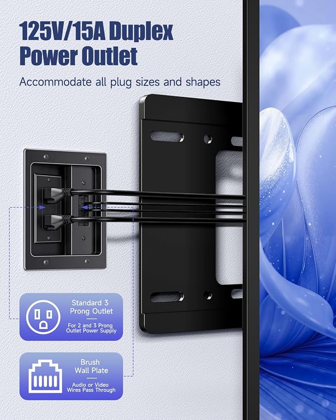 in Wall Cable Management Kit, Wall Cable Concealer Kit for TV, Recessed Outlet for Low Voltage Cables, Cord Hider Fits All Plugs for Wall Mounted TV & Cable Pass Through, Black