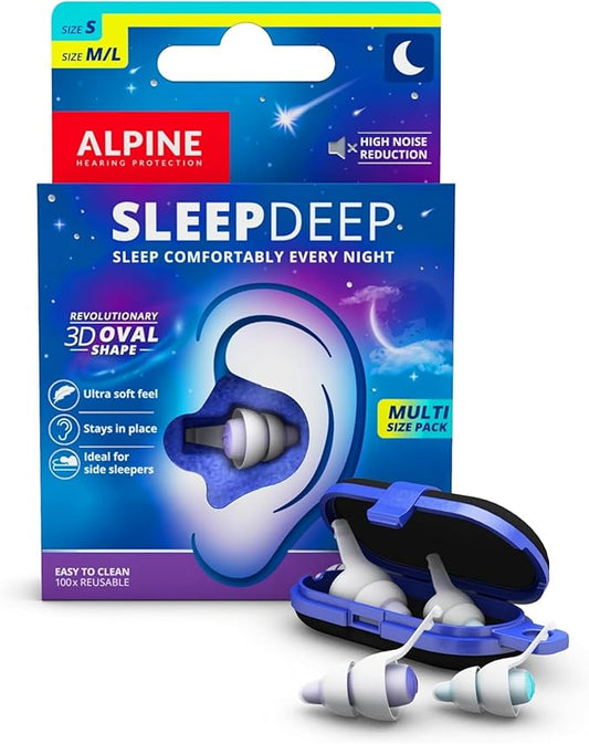 Alpine SleepDeep Earplugs for Sleeping – Side Sleepers & Snoring – Ultra-Soft Noise Reducing Earplugs – 27dB SNR – Hypoallergenic, Silicone-Free – 1 Pair (S + L)