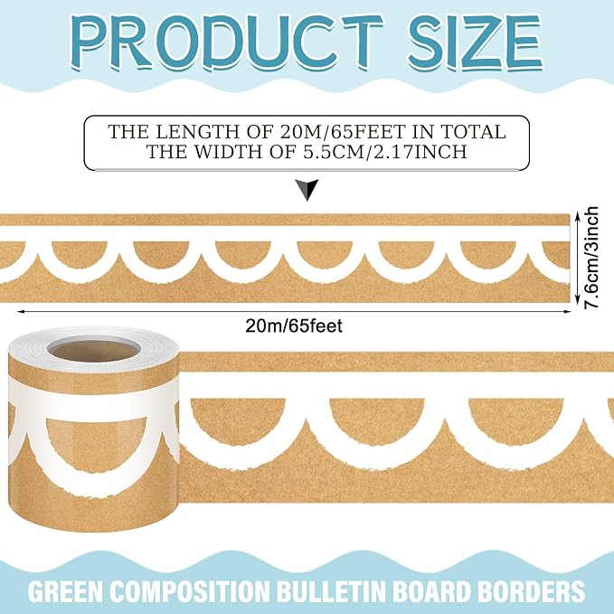 Zonon 65.6 Ft Kraft Bulletin Board Border White Scalloped Printed Classroom Decor Straight Border Trim for Office Whiteboard Walls Desks Windows Doors Lockers