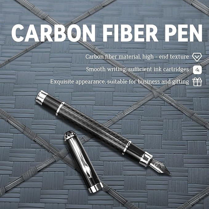 YUNCHUN Carbon Fiber Pen, Medium Nib Fountain Pen for Writing, Fancy Pen Set for Men, Nice Ink Pen with 5 Black & 5 Blue Ink Refills Cartridges, Professional Executive Pen for Work, Black