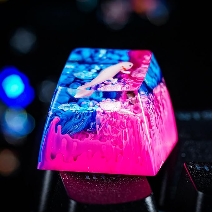 Pink Axolotl Artisan Keycap Pink Blue Ocean - 1U ESC, R1 SA Profile Custom Handmade Resin Cherry MX Switch Key Cap Mechanical Keyboard, Cool Tech Gifts for Men, Dad, Father, Gamer, Axolotl Lover