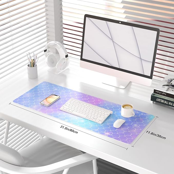 QiyI Large Desk Pad, Colorful Mouse Pad Desktop Decor, Waterproof PU Leather Desk Cover Protector, Desk Accessories for Office Home Work Writing Gaming 31.5" x 11.8" - Gradient Fish Scales