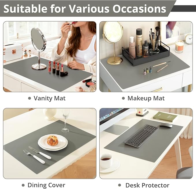 LovePads Makeup Mat for Vanity, 17 x 28 Dual-Sided Desk Pad & Vanity Cover Top, Waterproof PVC Protector Mat for Dresser, Nail Art, Craft Table (Dark Grey+Grey)
