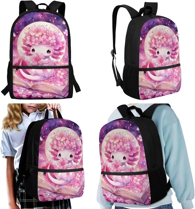 WELLFLYHOM 6-8 Girls Cherry Blossom Axolotl School Bookbag Set Kids | Moon Backpack and Lunchbox Pencil Case Water Bottle Lightweight Daypack Gift for Back to School Season