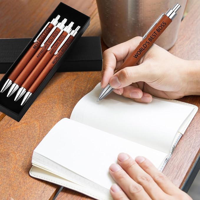 Sayglossy 4 Pcs Boss Appreciation Gifts Leather Pen Sets Boss Birthday Thank You Pens for Office Leader Supervisor Driver