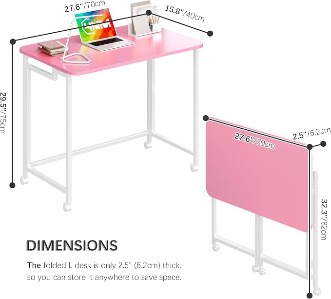 4NM 27.5" Mobile Small Rolling Computer Desk, Folding Laptop Cart Table with Wheels, Portable Office Desk for Small Space Couch Bed - Pink and White