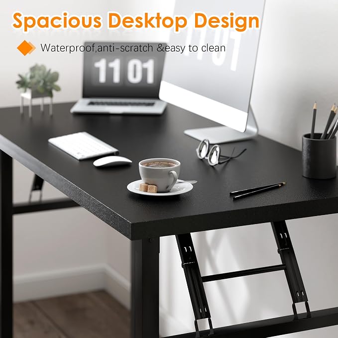 sogesfurniture 62 inches Foldable Computer Desk, No Assembly Sturdy Large Laptop Workstation for Home Office, Modern Portable Folding Study Table Writing Gaming Desk for Small Spaces, Black