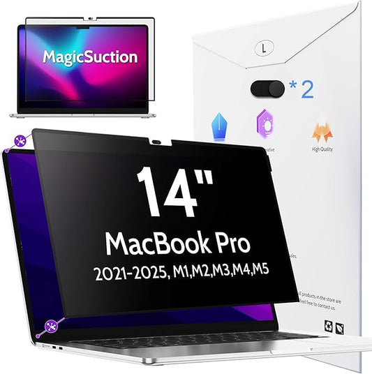 Privacy Screen for MacBook Pro 14 Inch (2021-2025, M1, M2, M3, M4, M5), MagicSuction™ Removable Anti Spy Black Protector, Glare Blue Light Filter for Mac Laptop Computer