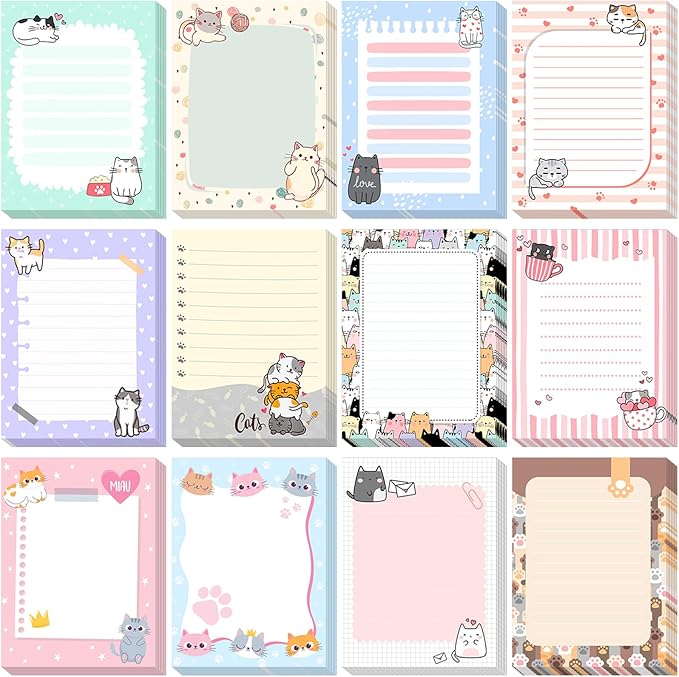 12 Pieces Cats Sticky Notes Cute Cat Gift Self Stick Notepads 3x4 Inch Kawaii Memo Notes for Animal Lover Cartoon Animal to Do List for Office Home Supplies Roommates Gift