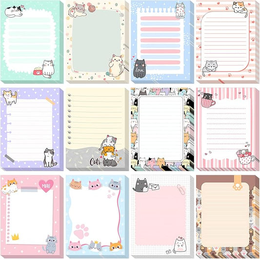 12 Pieces Cats Sticky Notes Cute Cat Gift Self Stick Notepads 3x4 Inch Kawaii Memo Notes for Animal Lover Cartoon Animal to Do List for Office Home Supplies Roommates Gift