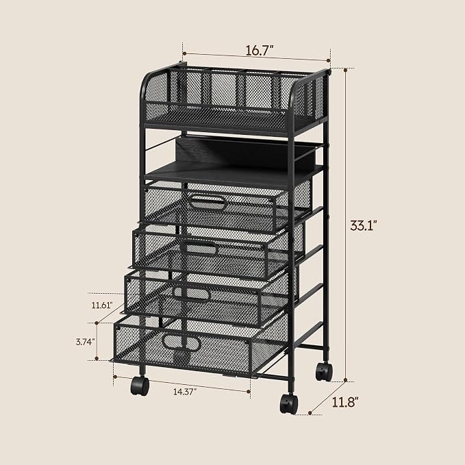 Rolling Art Cart with 4 Drawers, Black | Art Supplies Organizer, 5-Tier Storage, Adjustable Dividers, Anti-Pull Mesh Drawers, Metal Frame, 4 Casters with 2 Locks