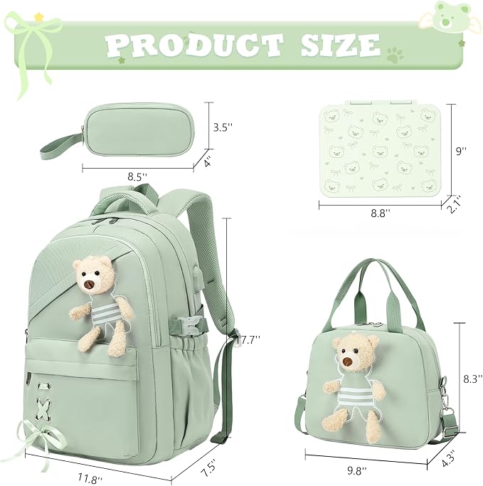 ACESAK Backpack for Girls with Bento Box - 4 PCS Cute Girls Backpack with Lunch Box, Pencil Case & Bento Box Set - 43oz Leakproof Lunch Box Kids Snack Containers Set Back to School Supplies (Green)