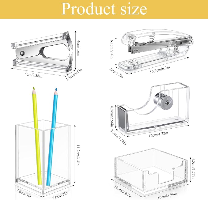 6 Pieces Clear Office Desk Accessories for Student Back to School Office Supplies Include Acrylic Tape Dispenser, Notepad Holder, Stapler, Pen Holder, Staple Remover for Student Teacher