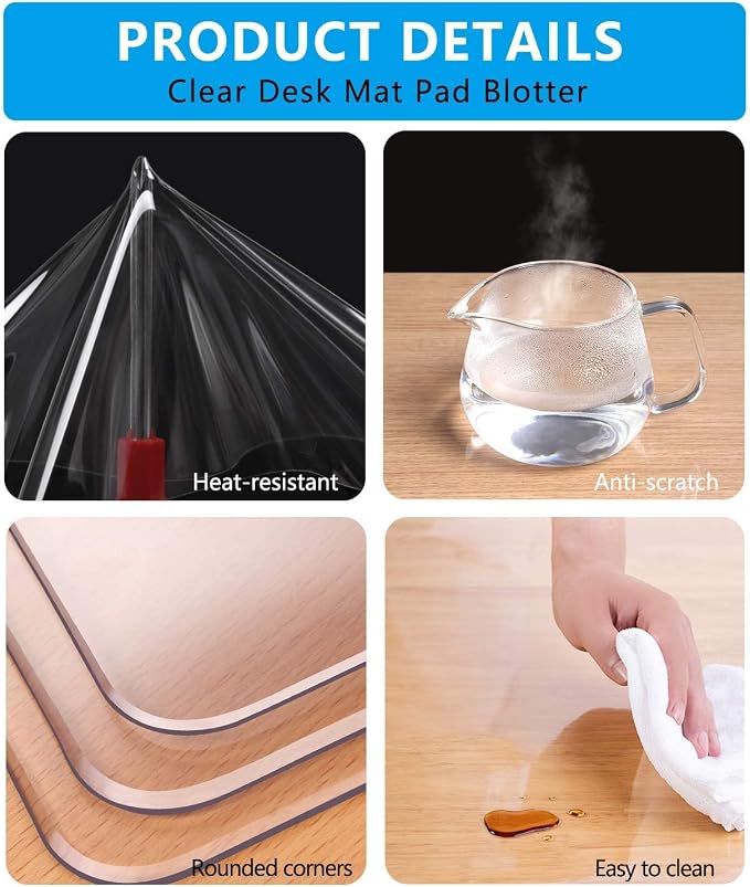 Clear Office Desk Pad Protector 24 X 48 Inch Waterproof & Oil-Proof Desk Pad Mat Anti-Scalding Tablecloth Transparent Table Cover for Coffee Table, Dining Table and Writing Desk (Mouse Pad Included)
