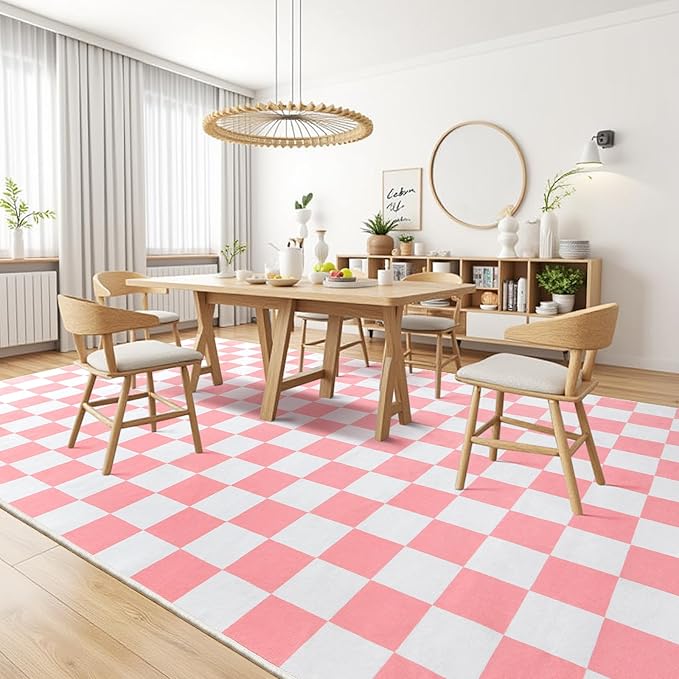 Terrug Pink and White Checkered Rug for Living Room,8x10 Area Rugs Washable with Non Slip for Bedroom,Soft Low Pile Stain Resistance Retro Carpet for Dorm Kids Room
