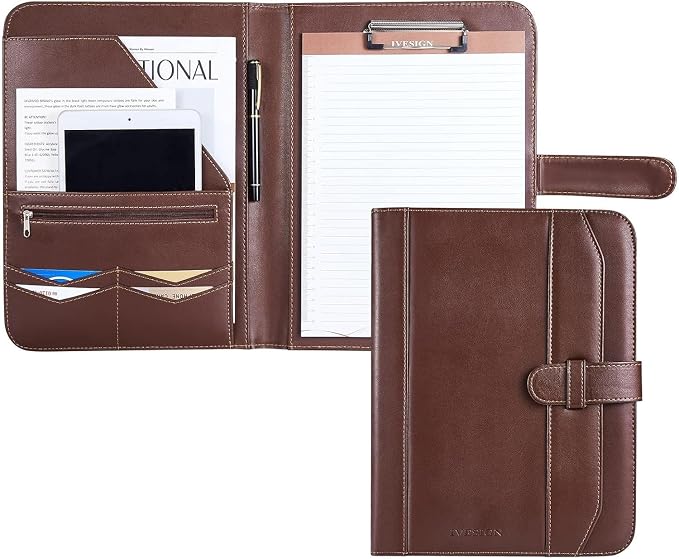 Leather Portfolio Notebook with Folder, Storage Clipboard with Cover for Legal Pad Holder Letter Size A4 Writing Pad for Business School Office Resume Conference Notepad Clip Boards (Brown)