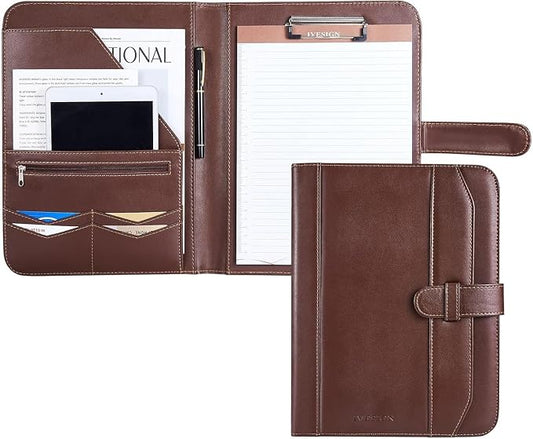 Leather Portfolio Notebook with Folder, Storage Clipboard with Cover for Legal Pad Holder Letter Size A4 Writing Pad for Business School Office Resume Conference Notepad Clip Boards (Brown)