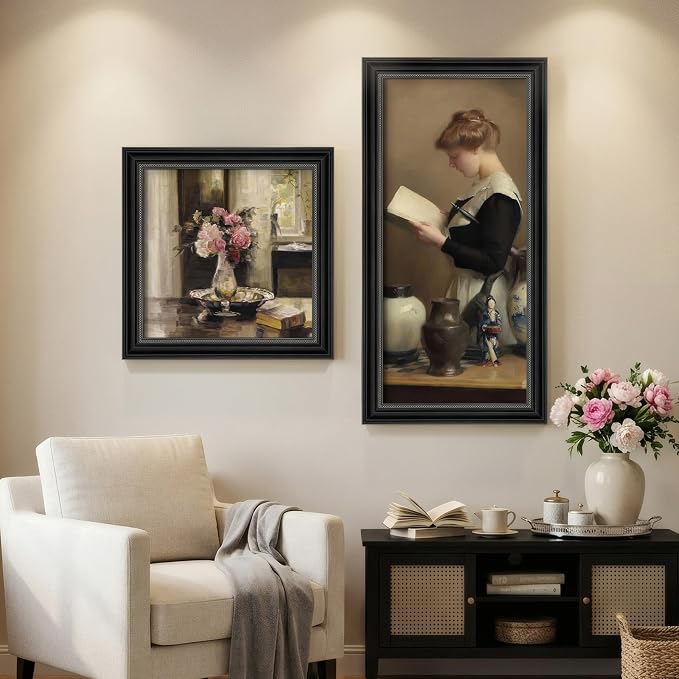 Framed Vintage Wall Art Set of 2 for Bedroom, French Country Cottage Core Canvas Prints Pictures Wall Decor, Victorian Girl Floral Painting for Living Room Office Dining Room Kitchen Wall Decor