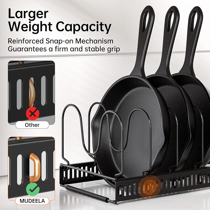 MUDEELA Expandable Pot Pan Lid Organizers inside Cabinet, 10 Divider-Black | Expandable 11.8–22.9", 10 Adjustable Divider, Tool-Free Assembly, Non-Slip, Scratch-Proof, For Pan Lid Cutting Board Bakeware