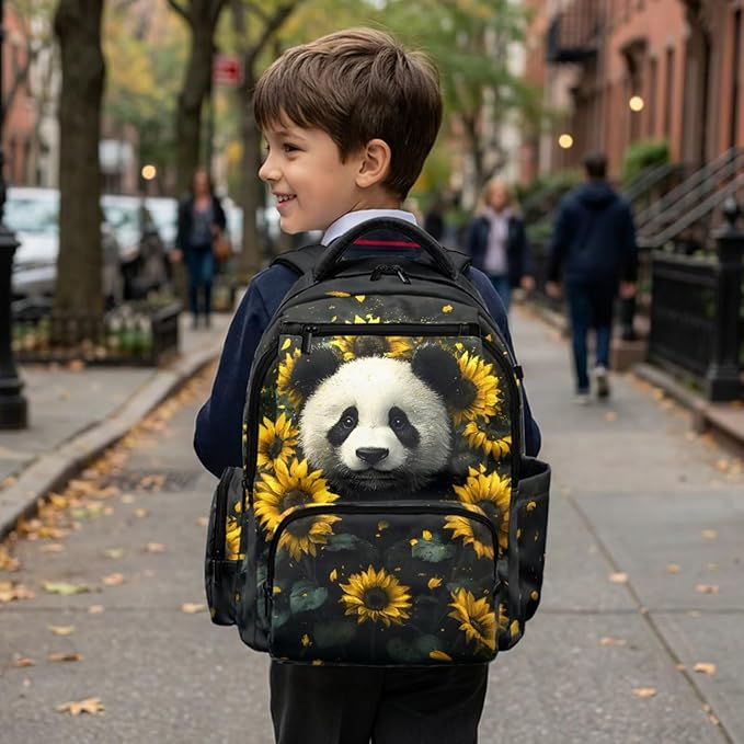 Kids Backpack Panda Floral Large Capacity School Bags and Lunch Box Set, Novelty Graphic Backpack for Middle School & Travel Back to School Supplies for Boys Girls 8-10