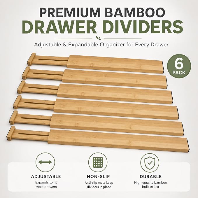 6 Pack Wood Drawer Dividers - Expandable Wooden Drawer Separators for Kitchen Utensils Dresser Wardrobe