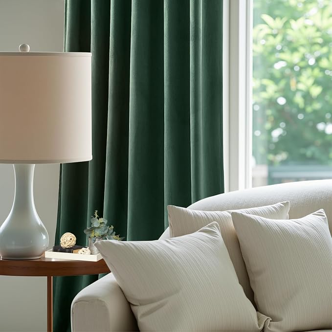 Green Velvet Blackout Curtains 96 Inches for Bedroom, Thermal Insulated Noise Reducing Curtains Luxury Room Darkening Drapes for Dining Room, Back Tab Rod Pocket, W52 x L96, Dark Green, 2 Panels