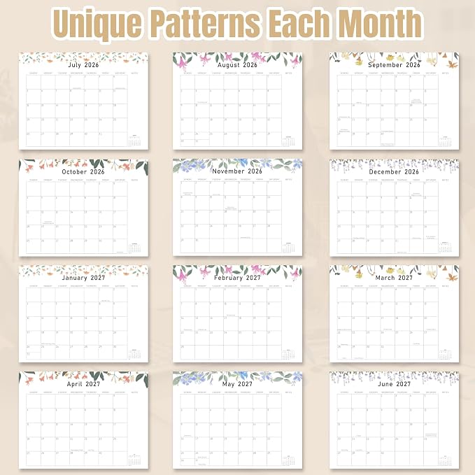 Gannyfer Large Desk Calendar 2026-2027 with Desktop Mat - 18 Month Table Calendar, 22" x 17" Desktop Pad Calendar, Teacher Calendar for Planning and Organizing In Your Family, School or Office - Small Fresh Florals (6 Stickers Included) (Brown)