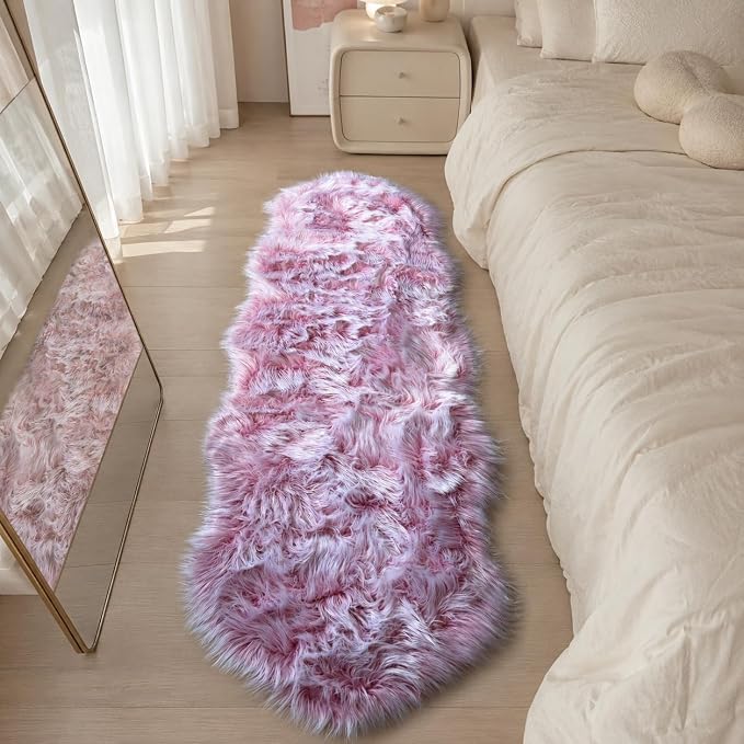 EasyJoy Faux Sheepskin Rug, Fluffy Faux Fur Rug, Ultra Soft Shag Area Rug with Non-Slip Backing for Bedroom, Living Room, Nursery, Kids Room(2 x 6 ft Sheepskin, Frosted Bottom Pink)