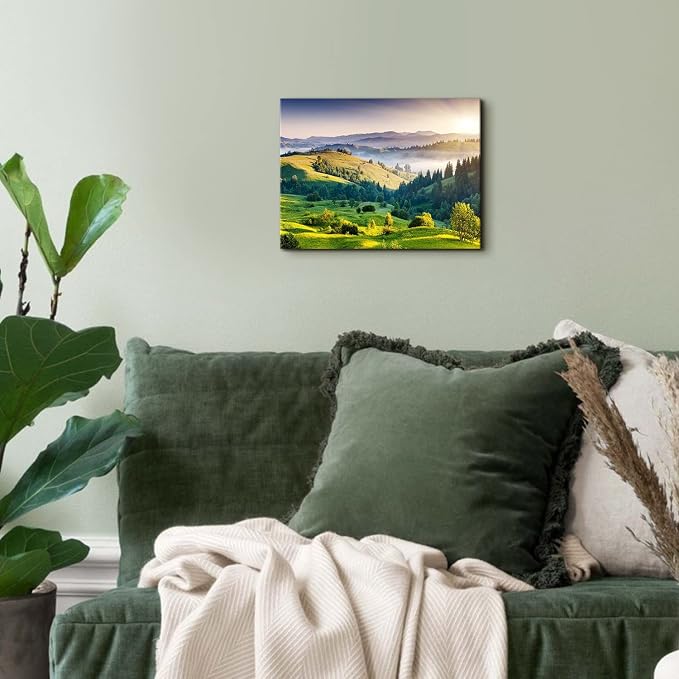 Green Mountain Wall Art Sunrise Nature National Park Landscape Canvas Prints Decor 12x16" Misty Forest Scenery Picture Painting Modern Artwork for Bedroom Living Room Bathroom Office Home Decoration