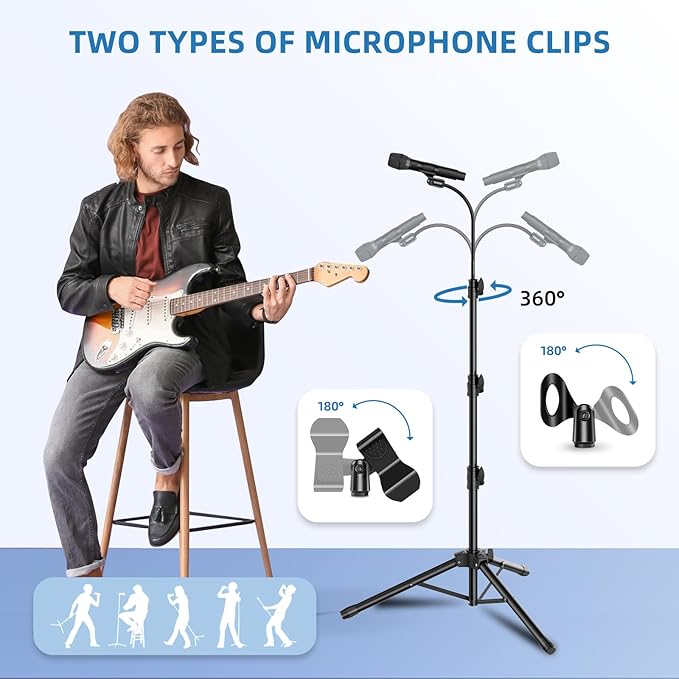 Mic Stand Detachable Gooseneck Microphone Stand Floor Height Adjustable from 24” to 67” for Kids with 2 Mic Clips for Singing Lecture Stage Wedding