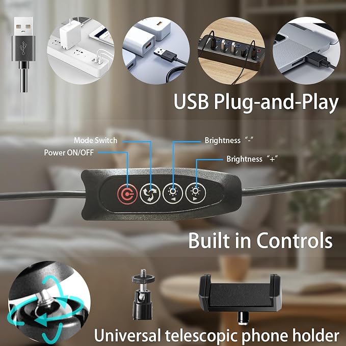 10" Desk Ring Light with Stable Tripod & Interchangeable Makeup Mirror/Phone Clamp, 120 LEDs 5 Dimmable Color & 10 Brightness Level, Ring Light for Desk/Zoom/TikTok/Makeup