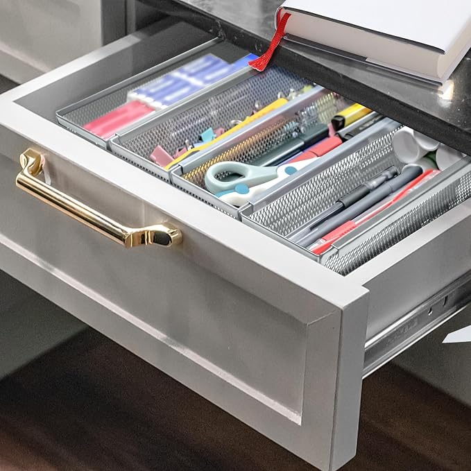 2PCS Drawer Organizer for Kitchen,Utensil Mesh Drawer Organizer with Interlocking Arm for Cosmetic,Flatware,Pen (12 * 3 * 2 Inches,Grey)
