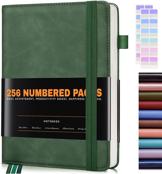 dilitego Lined Journal Notebook for Women Men, 256 Numbered Pages Hardcover Leather Journals for Writing, A5 Journaling Notebooks, College Ruled Journal for Business Work School 5.75" x 8.38" Green